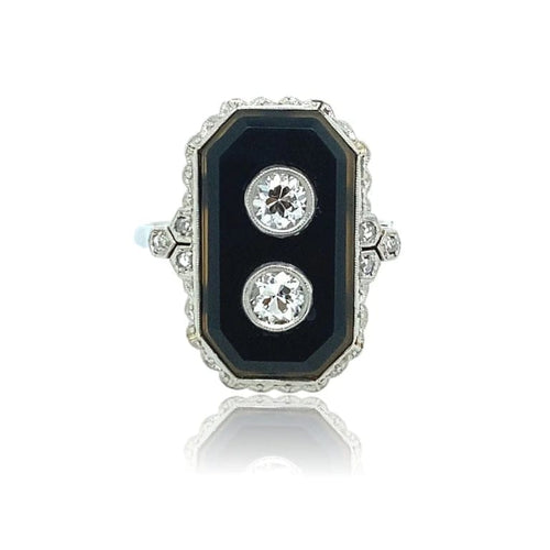 Bague 52 Bague Art déco en or gris 18 carats, onyx et diamants 58 Facettes