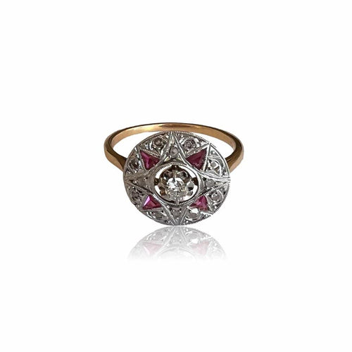Bague 54 Bague en or jaune et gris 18 carats avec diamants et rubis 58 Facettes BAF042