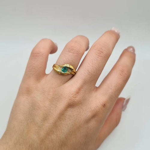 Bague 54.5 Bague en or jaune 18 carats avec émeraude ovale et diamants 58 Facettes
