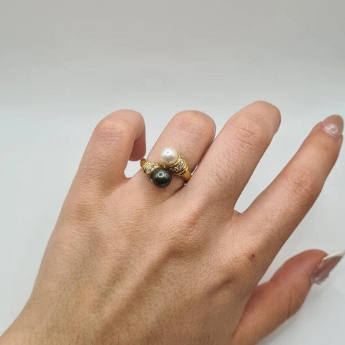 Bague 53 Bague toi & moi en or jaune 18 carats, diamants et perles 58 Facettes