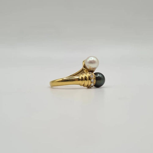 Bague 53 Bague toi & moi en or jaune 18 carats, diamants et perles 58 Facettes
