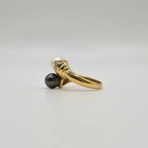 Bague 53 Bague toi & moi en or jaune 18 carats, diamants et perles 58 Facettes