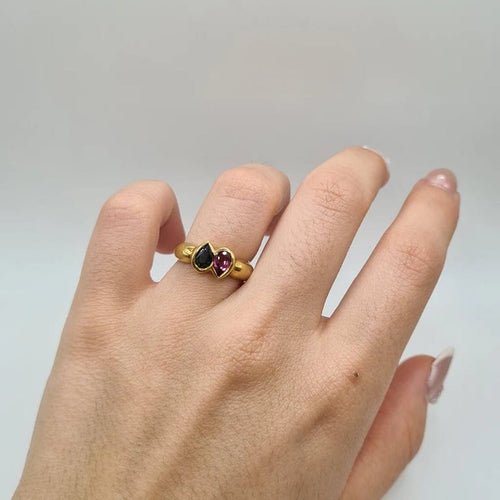 Bague 52 Bague toi et moi en or jaune 18 carats grenat rhodoline et tourmaline 58 Facettes