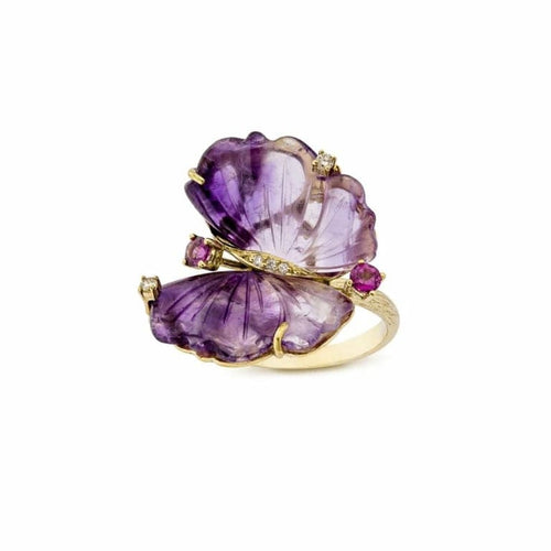 Bague 54 Papillon - Bague en or jaune 18 carats, améthystes et diamants 58 Facettes CHT-BUTT-RI-AMDI