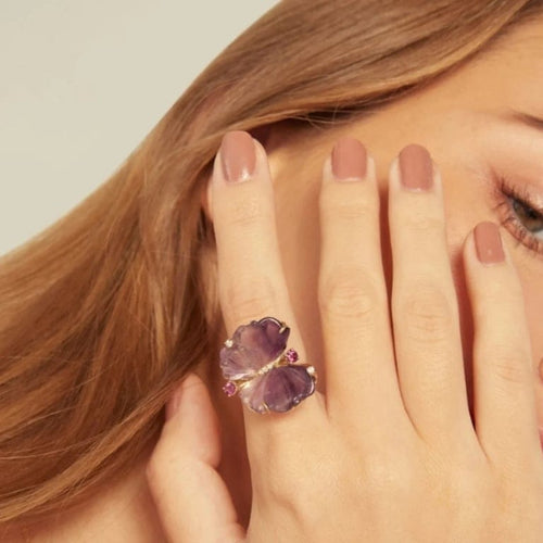 Bague 54 Papillon - Bague en or jaune 18 carats, améthystes et diamants 58 Facettes CHT-BUTT-RI-AMDI