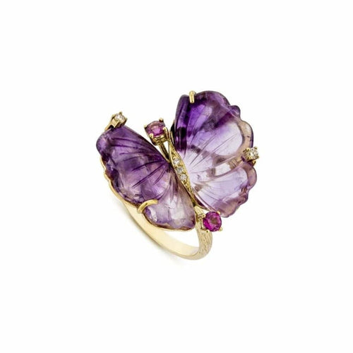 Bague 54 Papillon - Bague en or jaune 18 carats, améthystes et diamants 58 Facettes CHT-BUTT-RI-AMDI