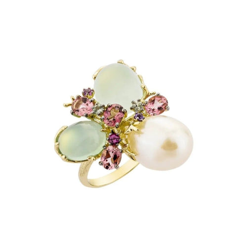 Bague 54 Romance Divine - Bague en or jaune 18 carats, perle et calcédoines 58 Facettes CHAT-ROM-RI-PCAL