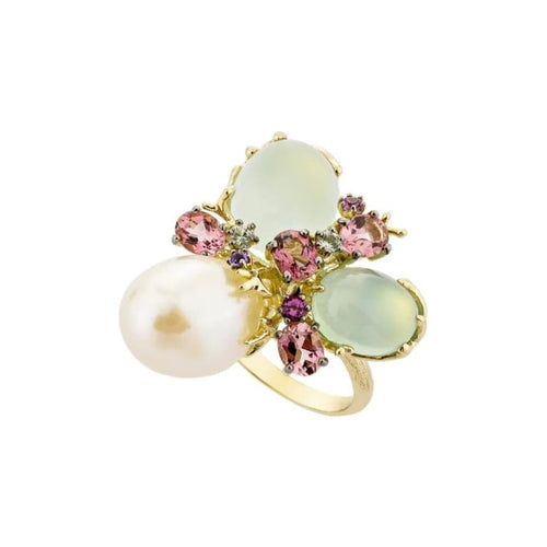 Bague 54 Romance Divine - Bague en or jaune 18 carats, perle et calcédoines 58 Facettes CHAT-ROM-RI-PCAL