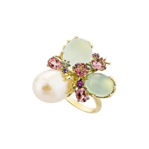 Bague 54 Romance Divine - Bague en or jaune 18 carats, perle et calcédoines 58 Facettes CHAT-ROM-RI-PCAL