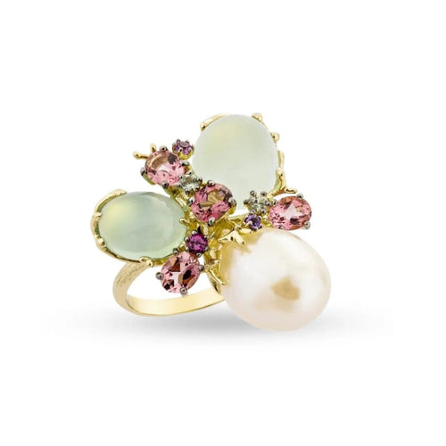 Bague 54 Romance Divine - Bague en or jaune 18 carats, perle et calcédoines 58 Facettes CHAT-ROM-RI-PCAL