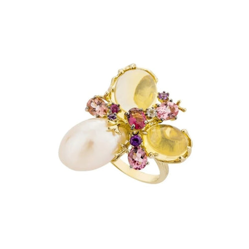 Bague 54 Romance Divine - Bague en or jaune 18 carats, perle et citrines 58 Facettes CHAT-ROM-RI-PCI
