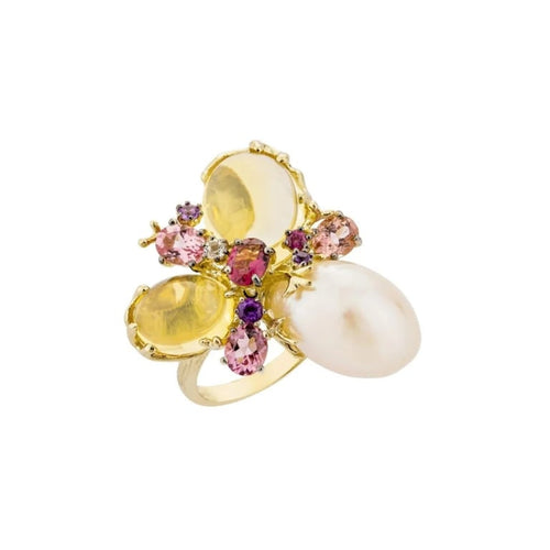 Bague 54 Romance Divine - Bague en or jaune 18 carats, perle et citrines 58 Facettes CHAT-ROM-RI-PCI