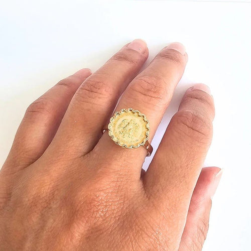 Bague 59 Bague pièce Dos Pesos 1945 en or jaune 18 carats, taille EU59 58 Facettes GEL-RI-2PES-YG