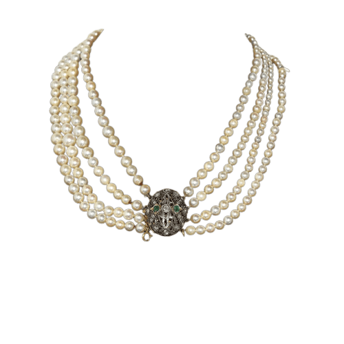 Collier Collier de perles - Fermoir en or 18 carats et argent, diamants et émeraudes 58 Facettes CL93 '(5269)