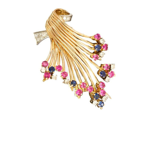 Broche Broche vintage en or jaune 18 ct avec diamants, saphirs et rubis 58 Facettes