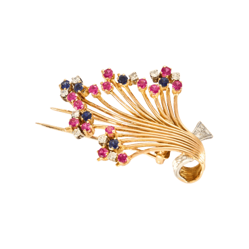 Broche Broche vintage en or jaune 18 ct avec diamants, saphirs et rubis 58 Facettes