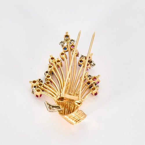 Broche Broche vintage en or jaune 18 ct avec diamants, saphirs et rubis 58 Facettes