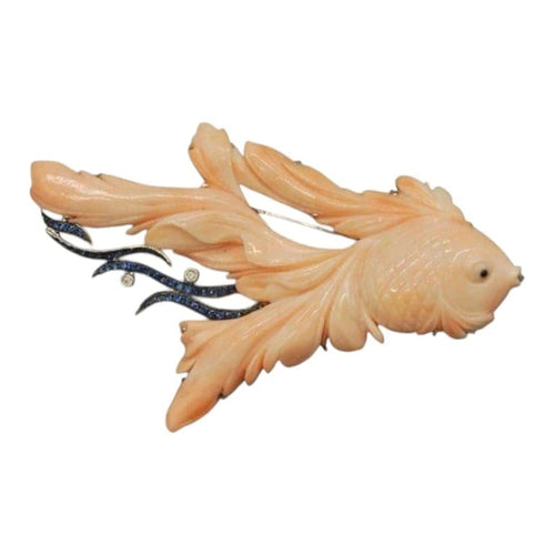 Broche Broche poisson en corail peau d’ange en or gris 18K, saphirs et diamants 58 Facettes