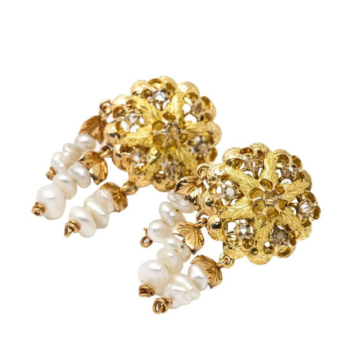 Boucles d'oreilles Keshi 1900 - Boucles d'oreilles Novecentismo en or jaune 18 carats, diamants et perles 58 Facettes D361018JC