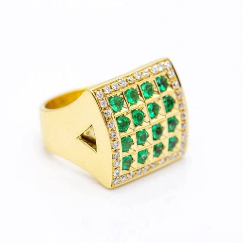 Bague 53 Bague carrée en or jaune 18 ct avec diamants et émeraudes 58 Facettes N102918EJ