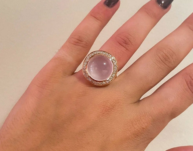 Bague 52 Bague cabochon tourmaline rose en or jaune 18 ct et diamants 58 Facettes