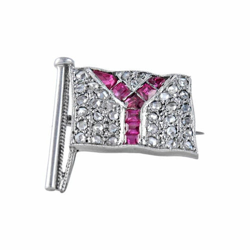 Broche Broche drapeau en or blanc 18 ct, diamants et rubis 58 Facettes
