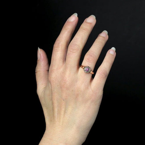 Bague 56 Bague ancienne - Saphir rose et diamants taille rose en or rose 18 carats 58 Facettes CV138