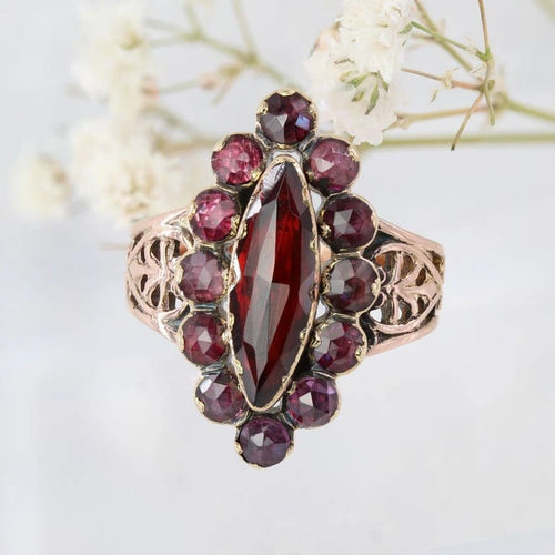 Bague 51 Bague ancienne marquise en or rose 18 carats aux grenats 58 Facettes 25-021