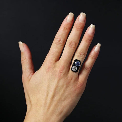 Bague 50 Bague Art déco en platine avec onyx, diamant et saphir 58 Facettes 24-284