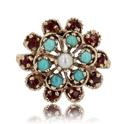 Bague 47 Bague fleur vintage en or jaune 14 carats, citrines, turquoises et perles 58 Facettes CV108