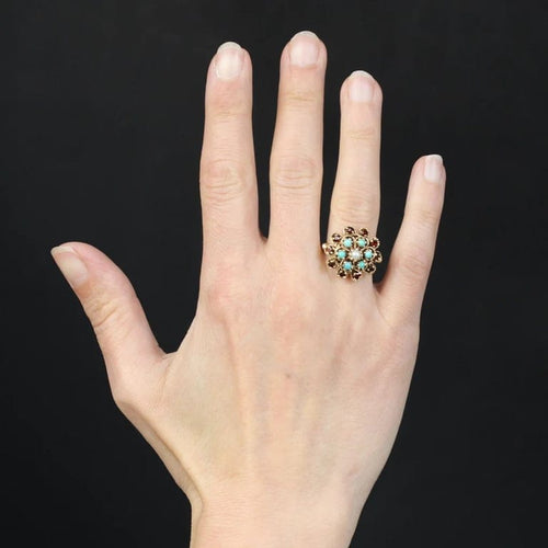 Bague 47 Bague fleur vintage en or jaune 14 carats, citrines, turquoises et perles 58 Facettes CV108
