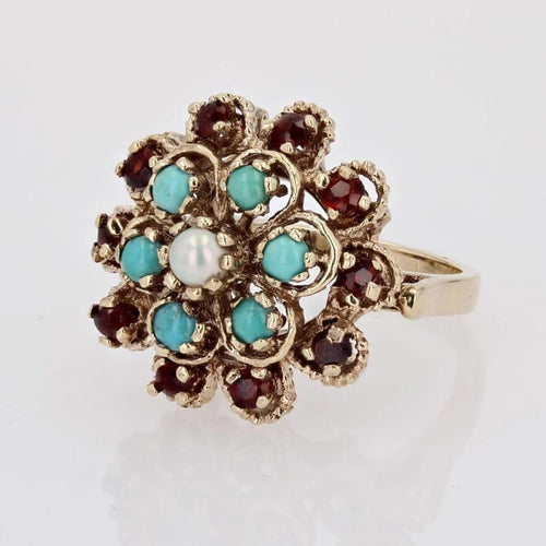 Bague 47 Bague fleur vintage en or jaune 14 carats, citrines, turquoises et perles 58 Facettes CV108