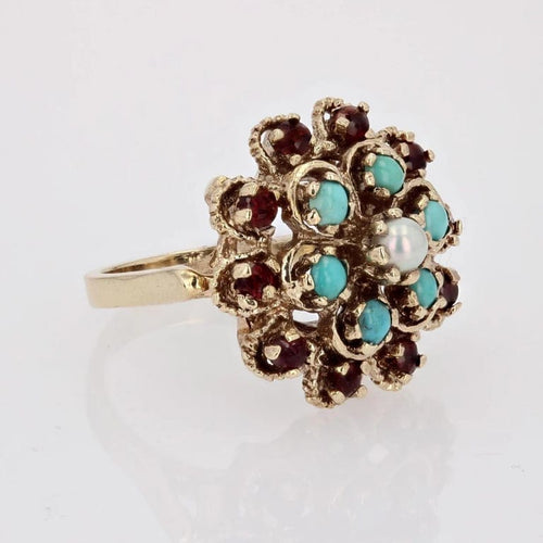 Bague 47 Bague fleur vintage en or jaune 14 carats, citrines, turquoises et perles 58 Facettes CV108