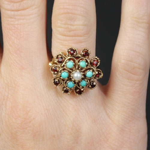 Bague 47 Bague fleur vintage en or jaune 14 carats, citrines, turquoises et perles 58 Facettes CV108