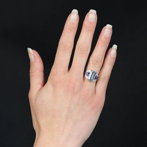 Bague 53 Bague Art déco en or blanc 18 carats avec aigue-marine, saphirs et diamants 58 Facettes 24-183