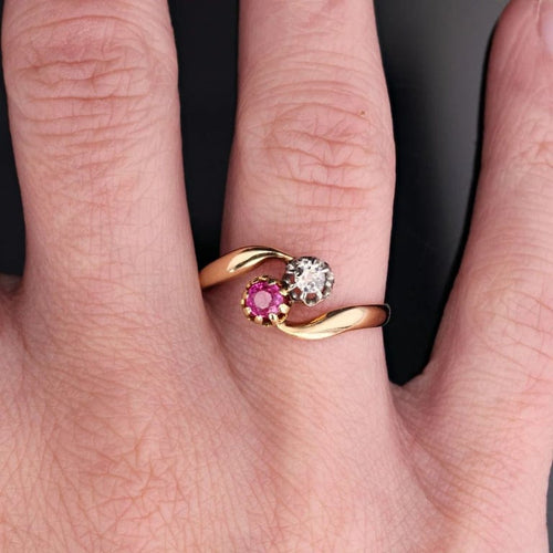 Bague 55 Bague Toi et Moi en or jaune 18 carats rubis et diamant 58 Facettes 23-348