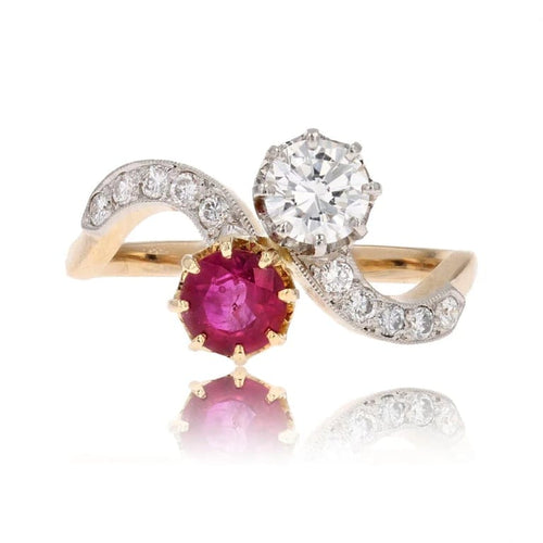 Bague 61 Bague Toi et Moi en or jaune 18 carats, platine, diamants et rubis 58 Facettes 24-001