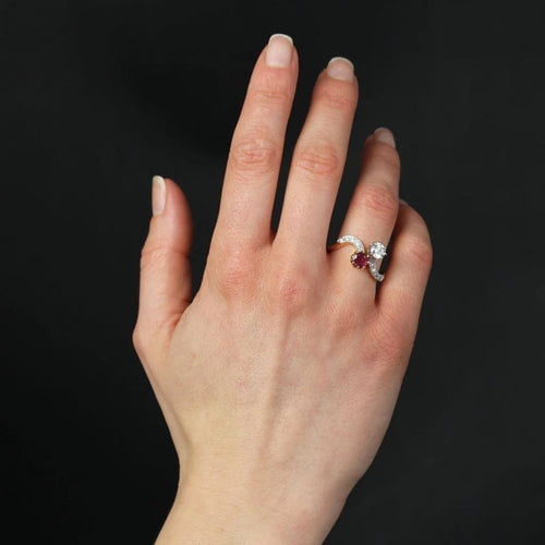 Bague 61 Bague Toi et Moi en or jaune 18 carats, platine, diamants et rubis 58 Facettes 24-001