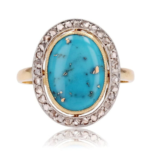 Bague 55 Bague ancienne ovale en or jaune 18 carats, platine, diamants et turquoise 58 Facettes 23-143