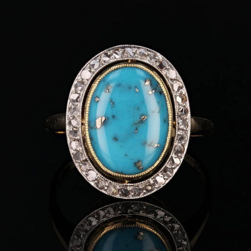 Bague 55 Bague ancienne ovale en or jaune 18 carats, platine, diamants et turquoise 58 Facettes 23-143