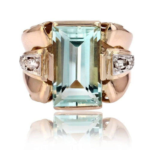Bague 49 Bague tank rétro aigue-marine et diamants en or rose 18 carats 58 Facettes 22-624