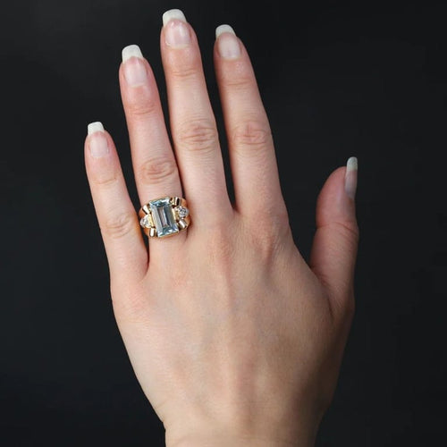 Bague 49 Bague tank rétro aigue-marine et diamants en or rose 18 carats 58 Facettes 22-624