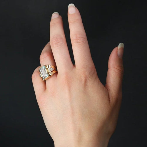 Bague 49 Bague tank rétro aigue-marine et diamants en or rose 18 carats 58 Facettes 22-624
