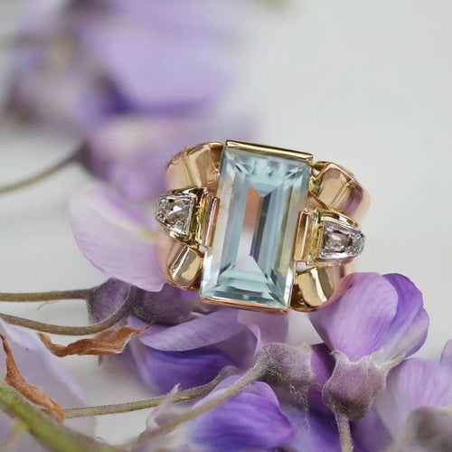 Bague 49 Bague tank rétro aigue-marine et diamants en or rose 18 carats 58 Facettes 22-624