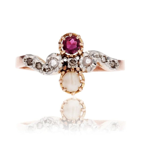 Bague 56 Bague ancienne toi et moi en or rose 18 carats grenat perle diamants 58 Facettes 23-080C