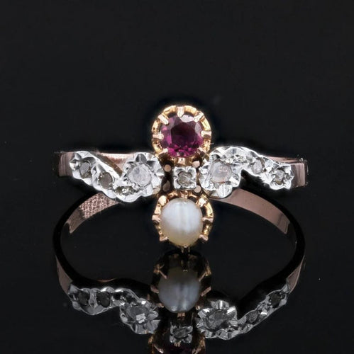 Bague 56 Bague ancienne toi et moi en or rose 18 carats grenat perle diamants 58 Facettes 23-080C