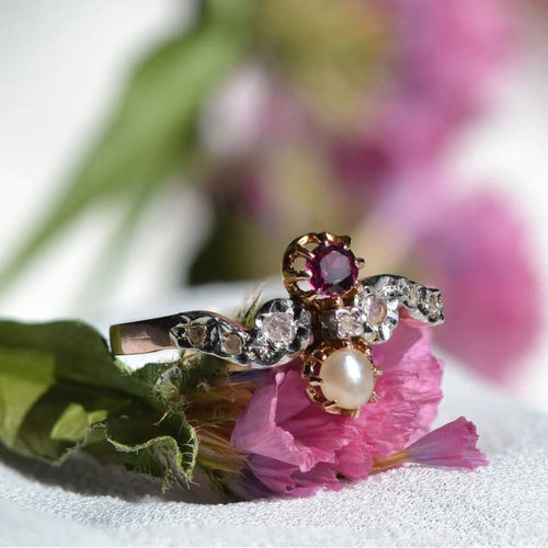 Bague 56 Bague ancienne toi et moi en or rose 18 carats grenat perle diamants 58 Facettes 23-080C