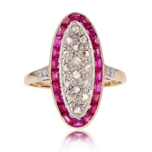 Bague 54 Bague ancienne navette en or jaune 18 carats, platine, diamants et rubis 58 Facettes 23-079