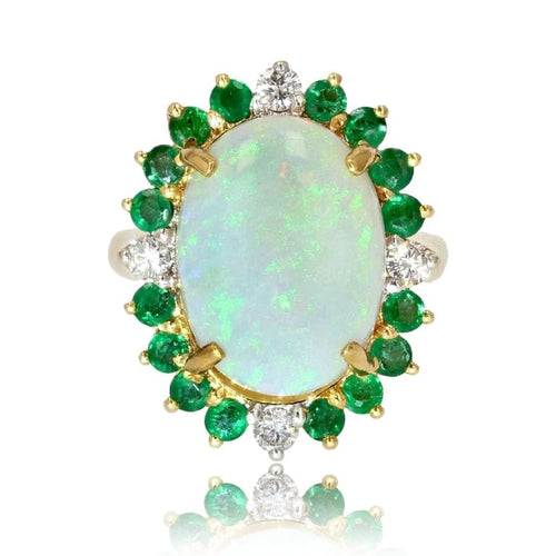 Bague 54 Bague en or jaune 18 carats à opale, émeraudes et diamants 58 Facettes 22-557