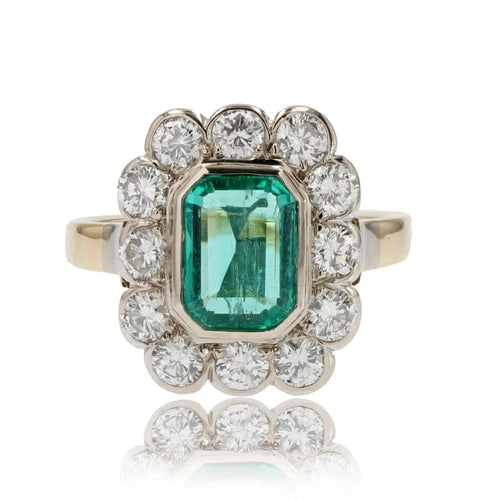 Bague 55 Bague rectangulaire émeraude et diamants en or jaune et platine 58 Facettes 22-490
